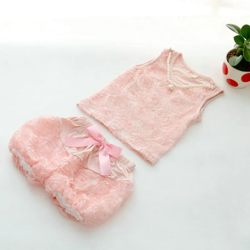 2 Pieces/set Kids Girls Clothes Sets Rose Flower Top ShirtBloomer Short PantsPearl Necklace Outfits SM6