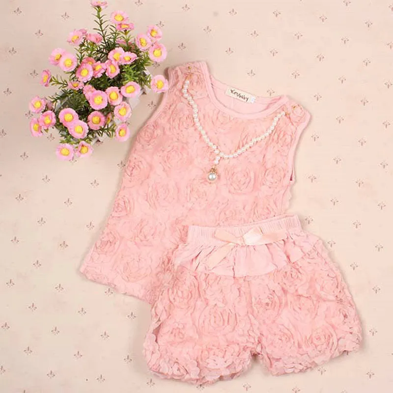 2 Pieces/set Kids Girls Clothes Sets Rose Flower Top ShirtBloomer Short PantsPearl Necklace Outfits SM6