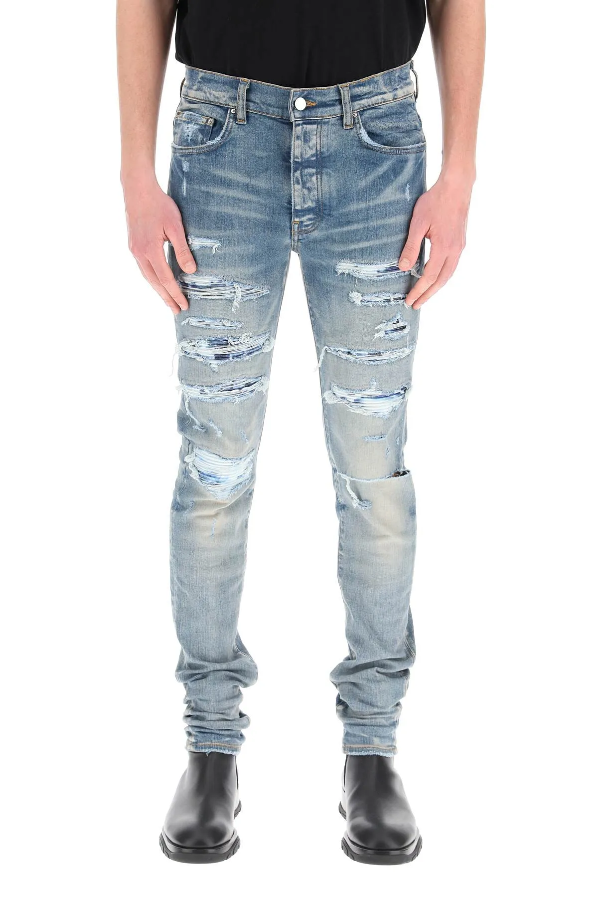 Amiri Logo Patch Ripped Slim Cut Jeans