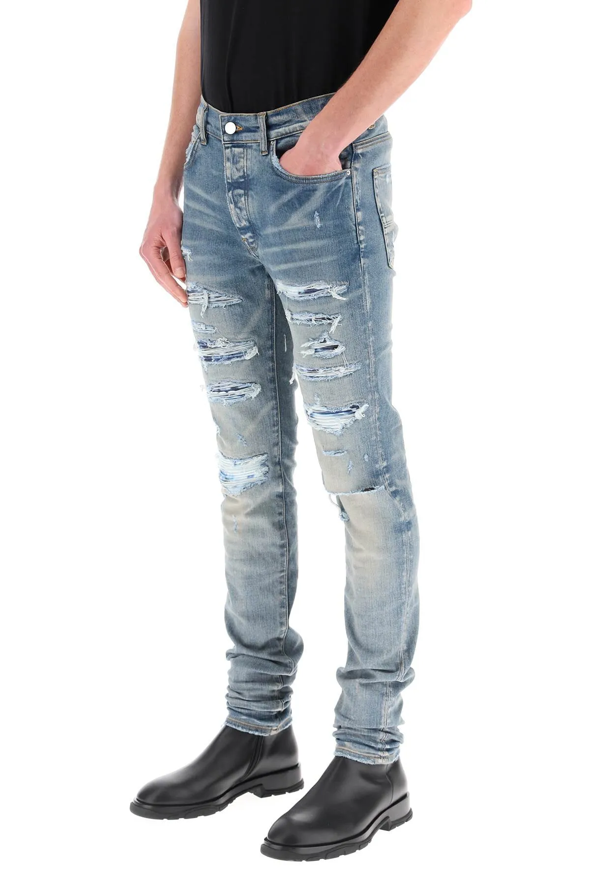 Amiri Logo Patch Ripped Slim Cut Jeans