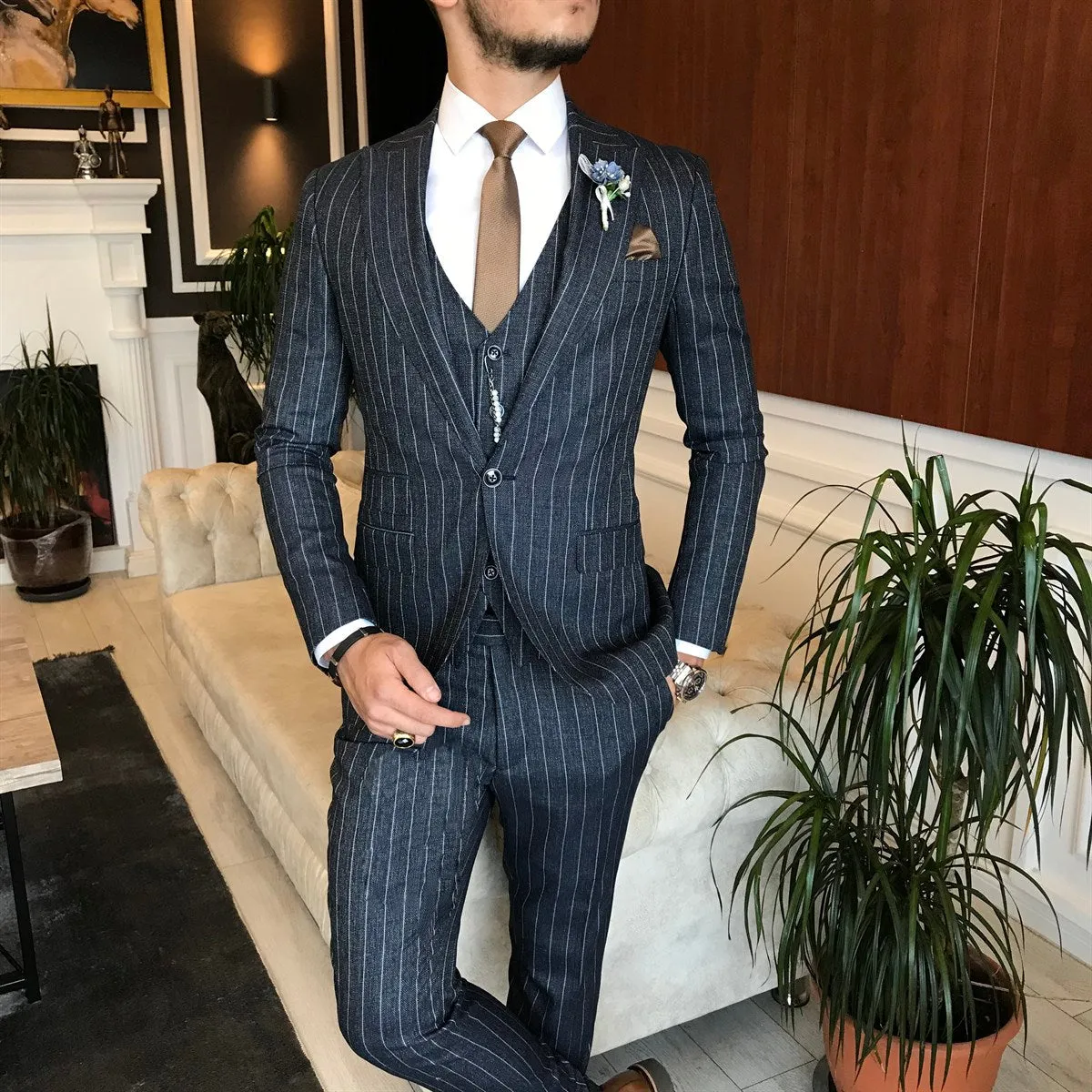 Bojoni Navy Striped Slim-Fit Suit 3-Piece