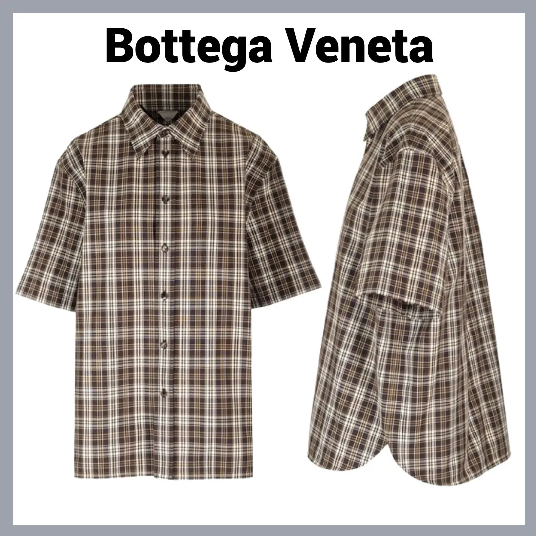 BOTTEGA VENETA  |Glen Patterns Cotton Short Sleeves Logo Shirts & Blouses