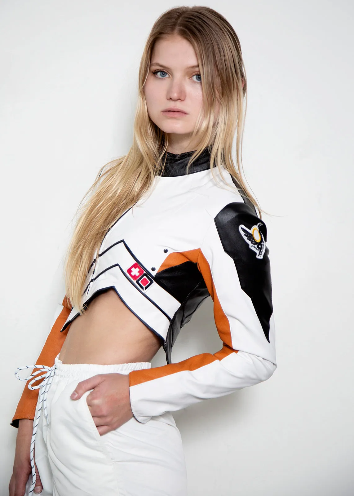 Buy Womens Overwatch Mercy Crop Top Leather Jacket | LucaJackets