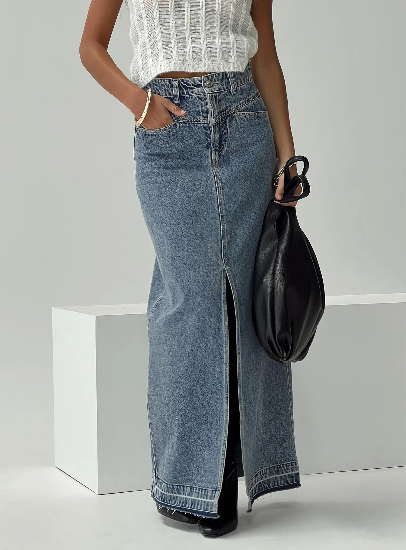 Deneuve Denim Maxi Skirt Mid Wash