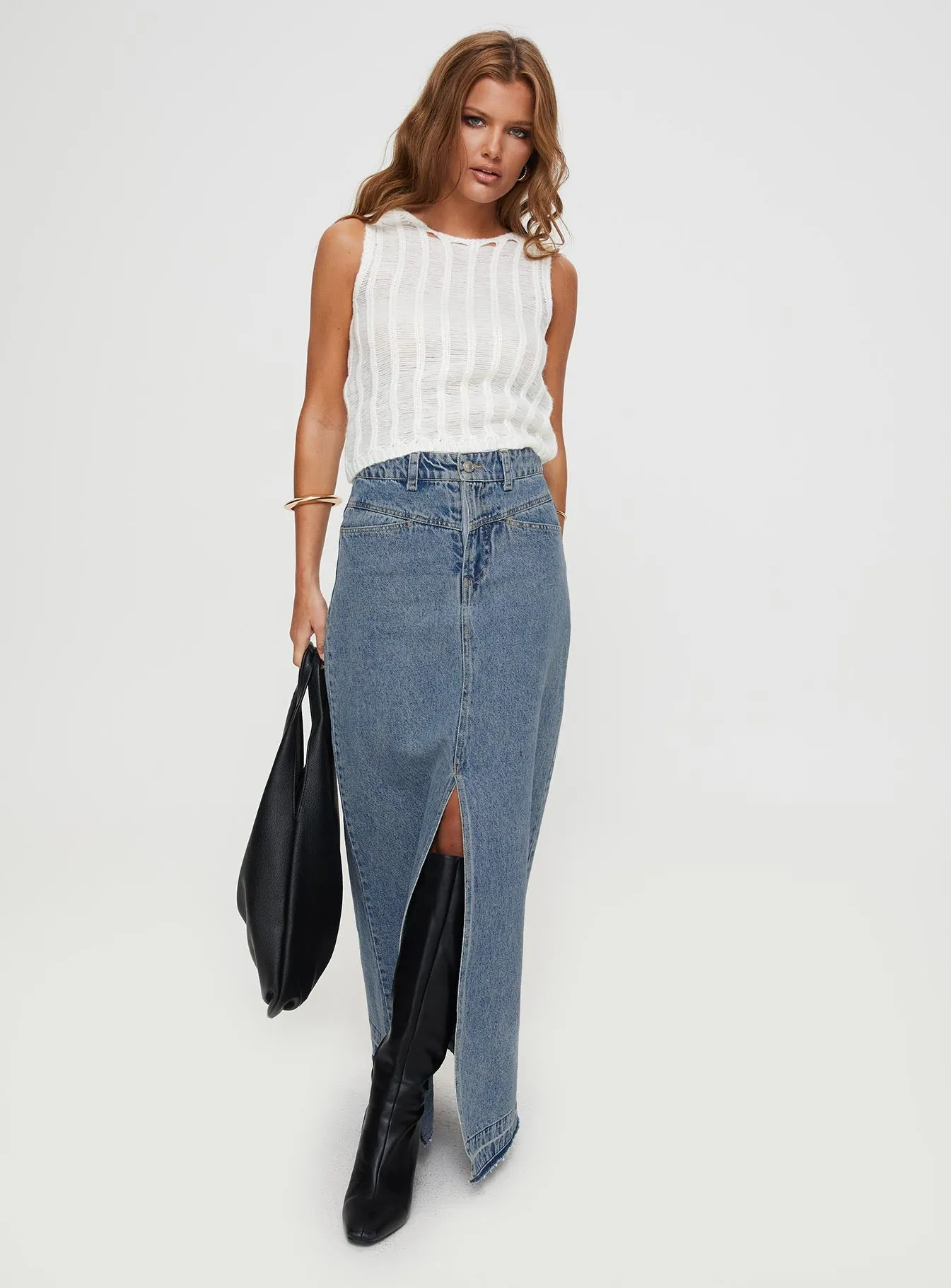 Deneuve Denim Maxi Skirt Mid Wash