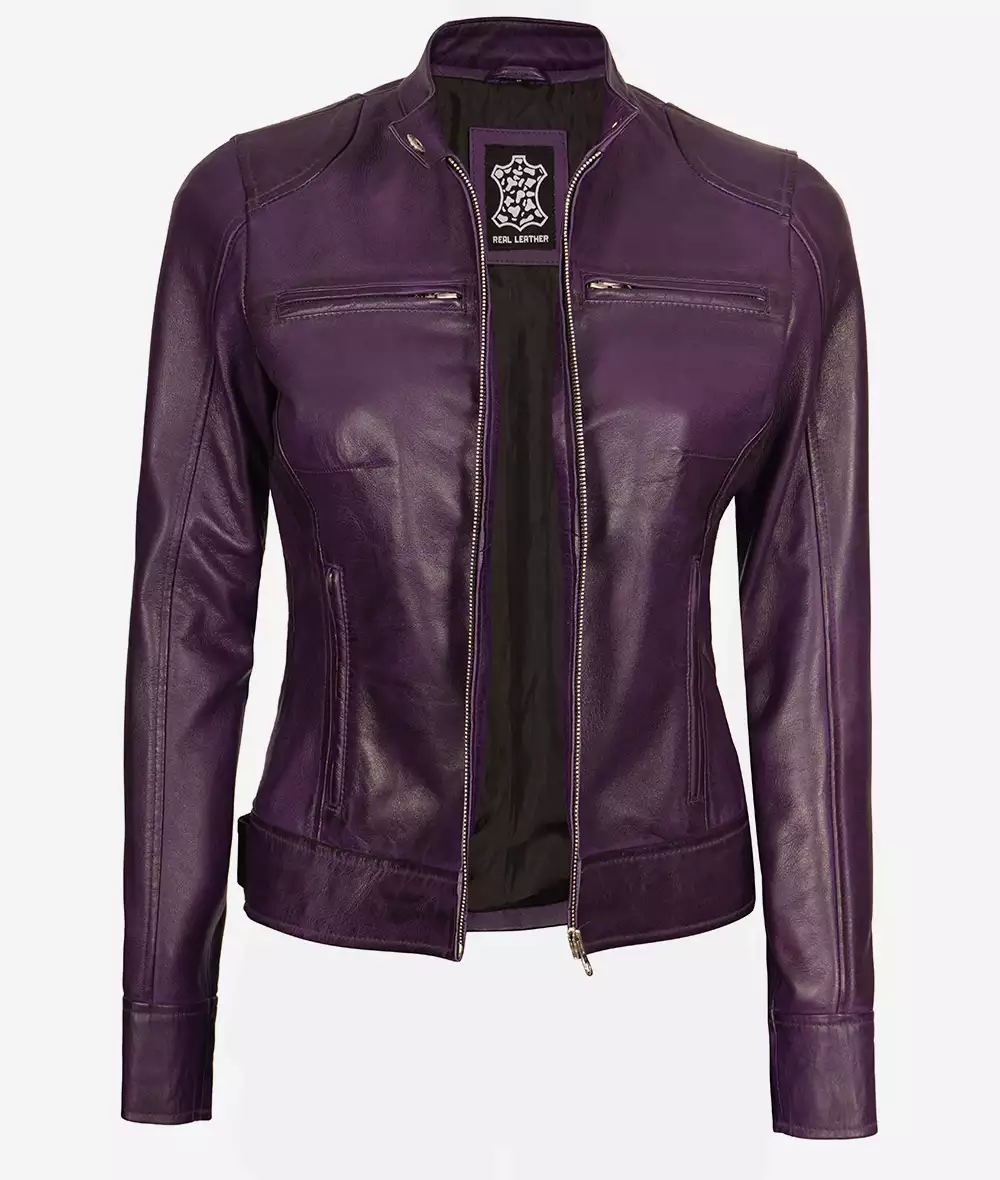 Dodge Womens Real Lambskin Leather Purple Cafe Racer Jacket