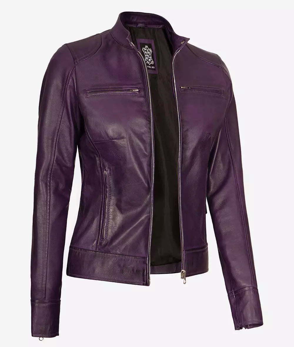 Dodge Womens Real Lambskin Leather Purple Cafe Racer Jacket