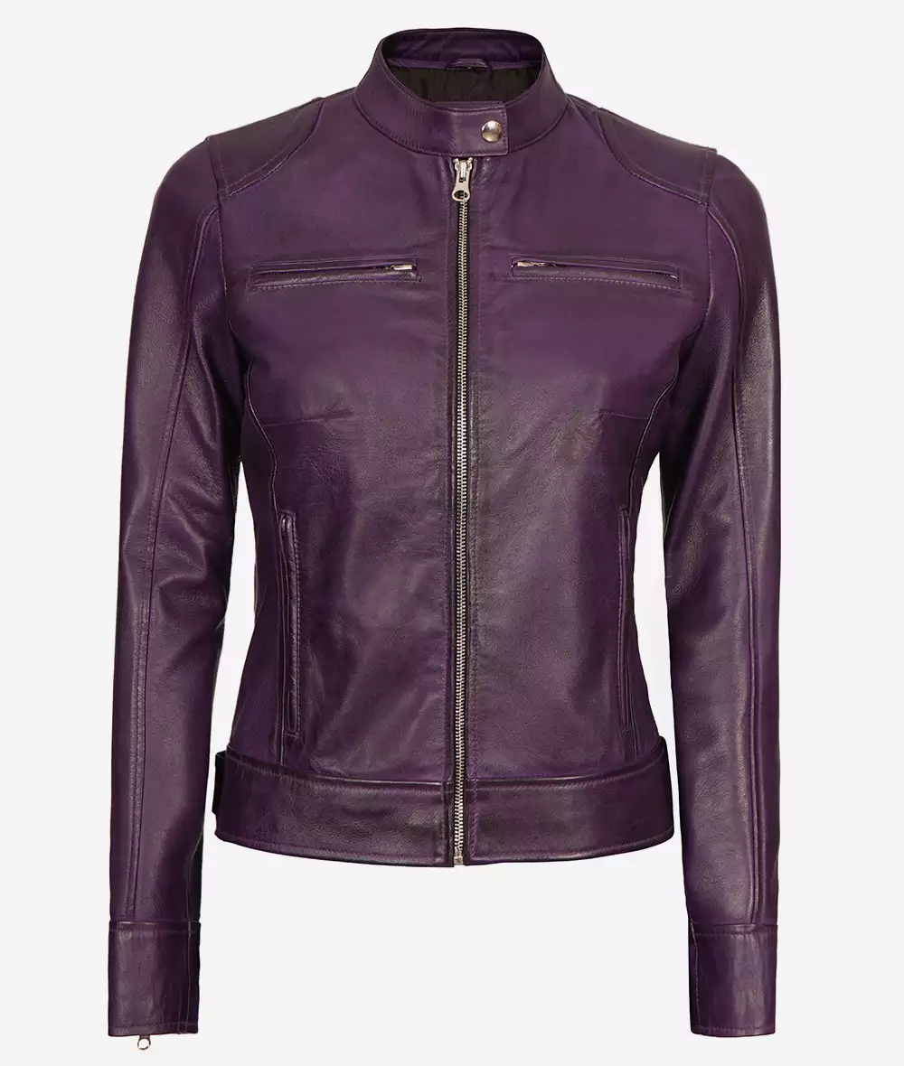 Dodge Womens Real Lambskin Leather Purple Cafe Racer Jacket