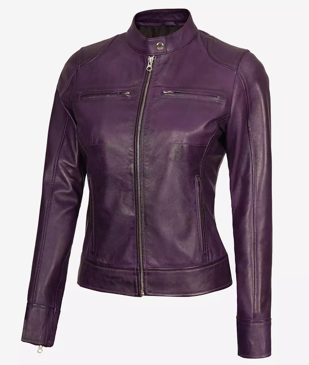 Dodge Womens Real Lambskin Leather Purple Cafe Racer Jacket