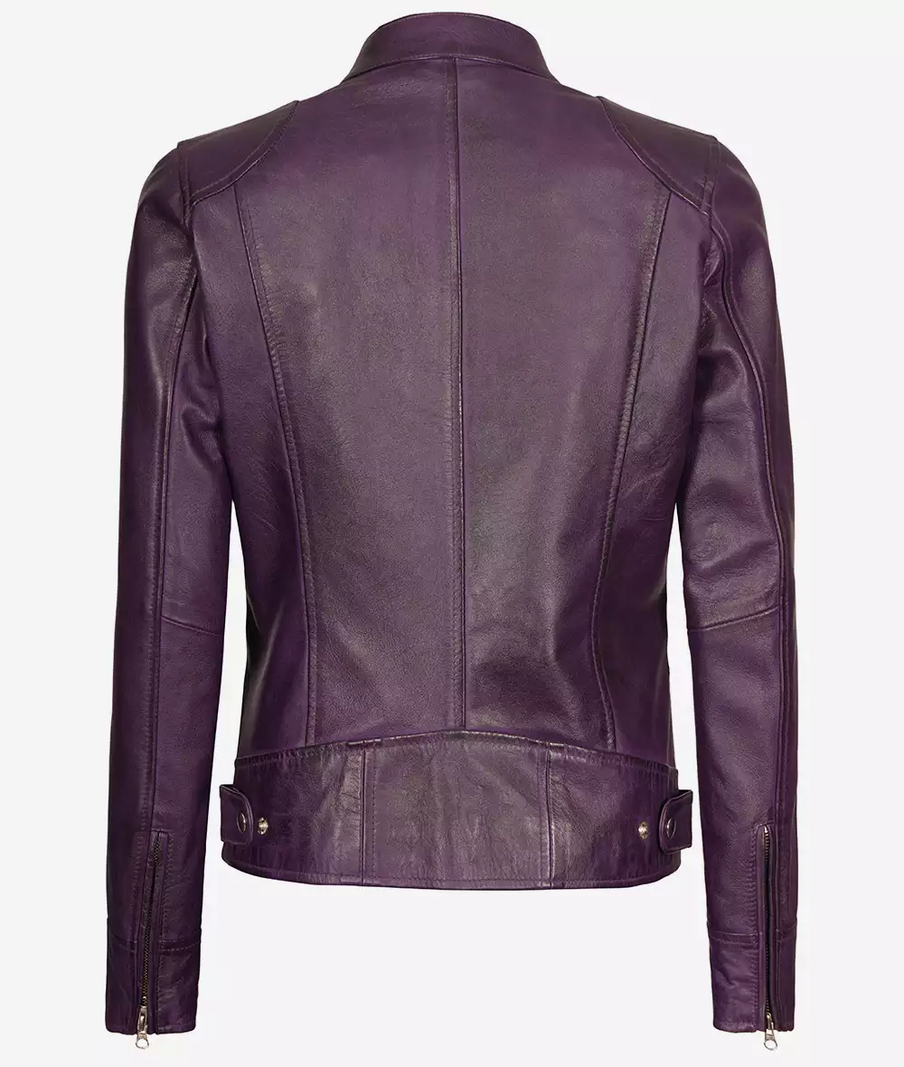 Dodge Womens Real Lambskin Leather Purple Cafe Racer Jacket