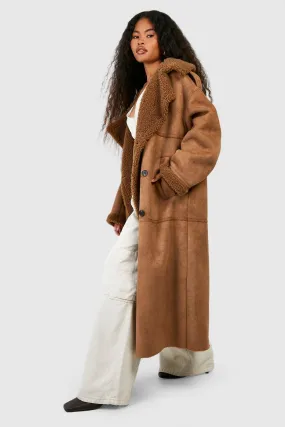 Faux Suede Borg Trim Maxi Aviator Coat