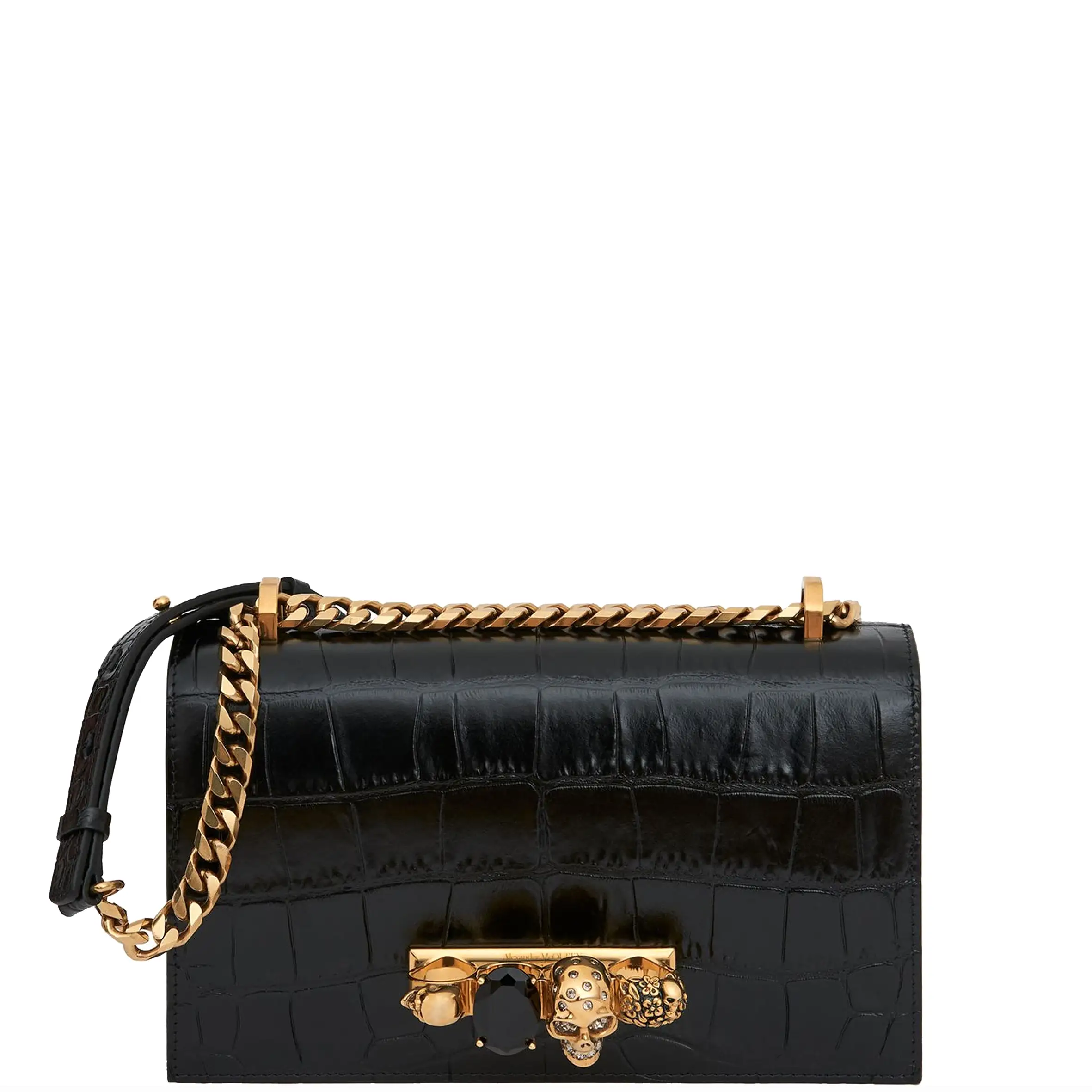 Jewelled Knuckle Satchel Glossy Croc, Black/Gold