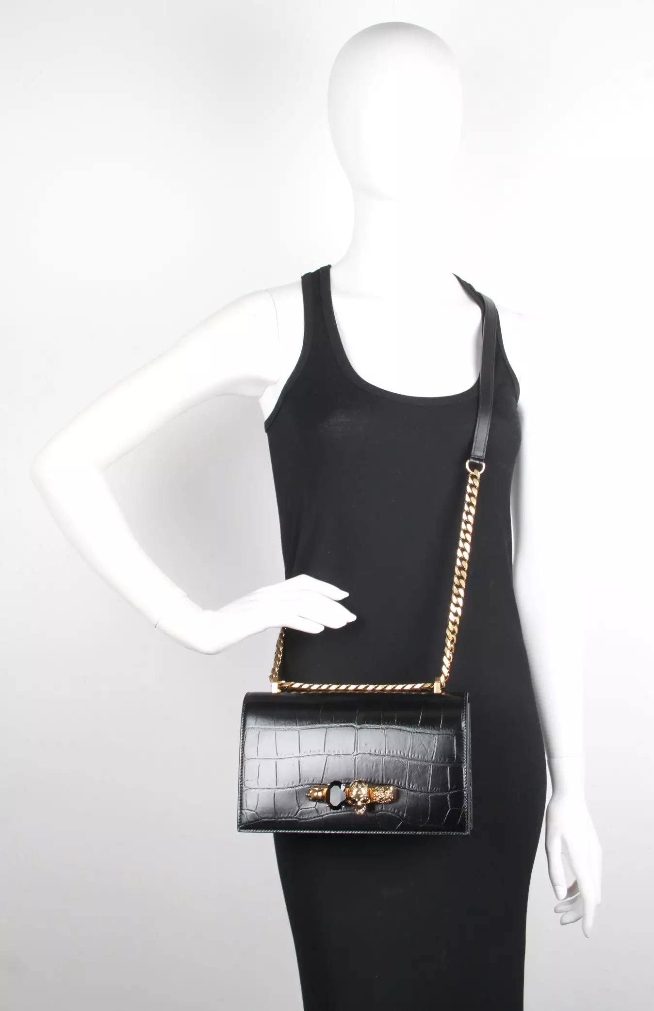 Jewelled Knuckle Satchel Glossy Croc, Black/Gold