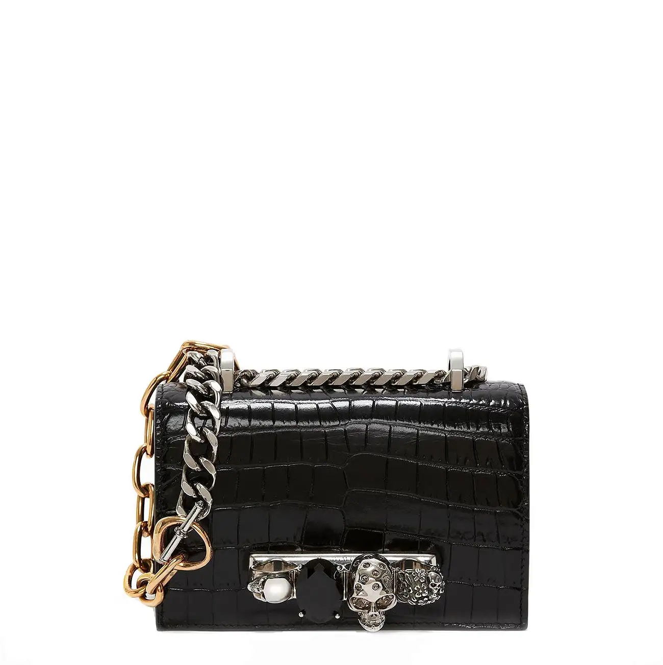 Jewelled Knuckle Satchel Mini, Croc, Black