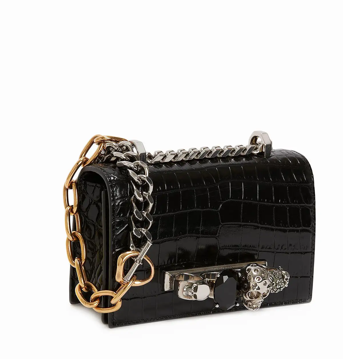 Jewelled Knuckle Satchel Mini, Croc, Black