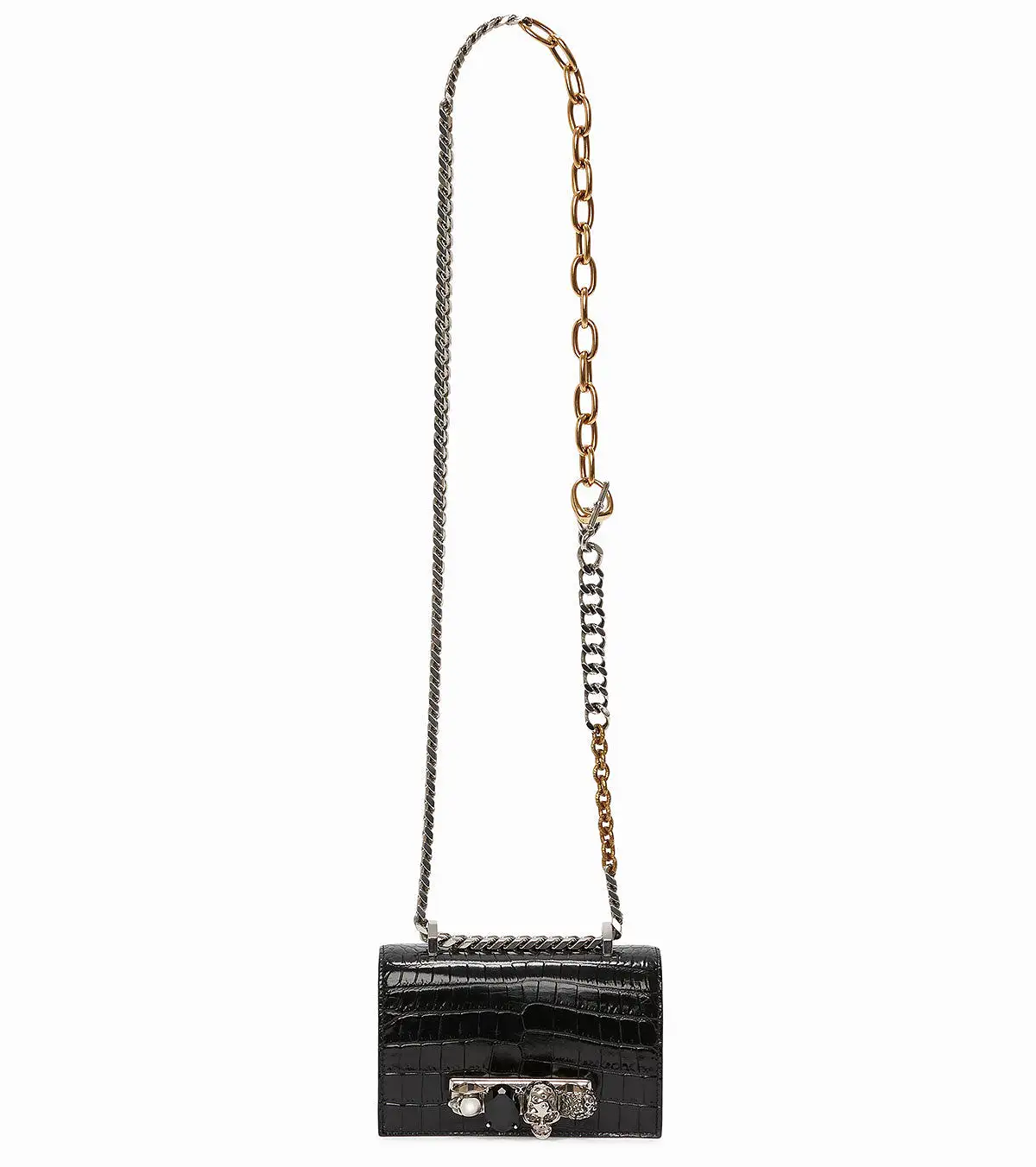 Jewelled Knuckle Satchel Mini, Croc, Black