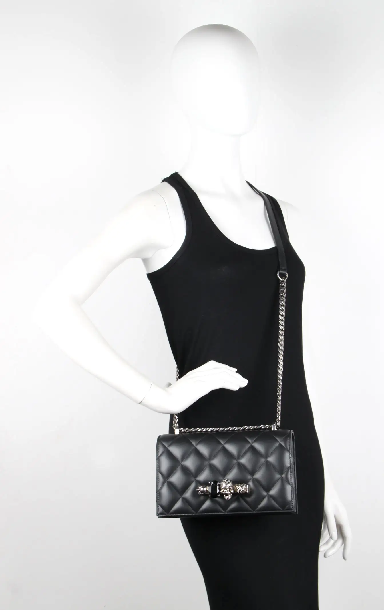 Jewelled Knuckle Satchel Quilted, Black/Silver