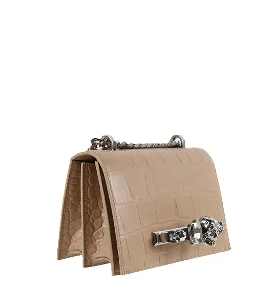 Jewelled Knuckle Satchel Small Glossy Croc, Camel/Silver