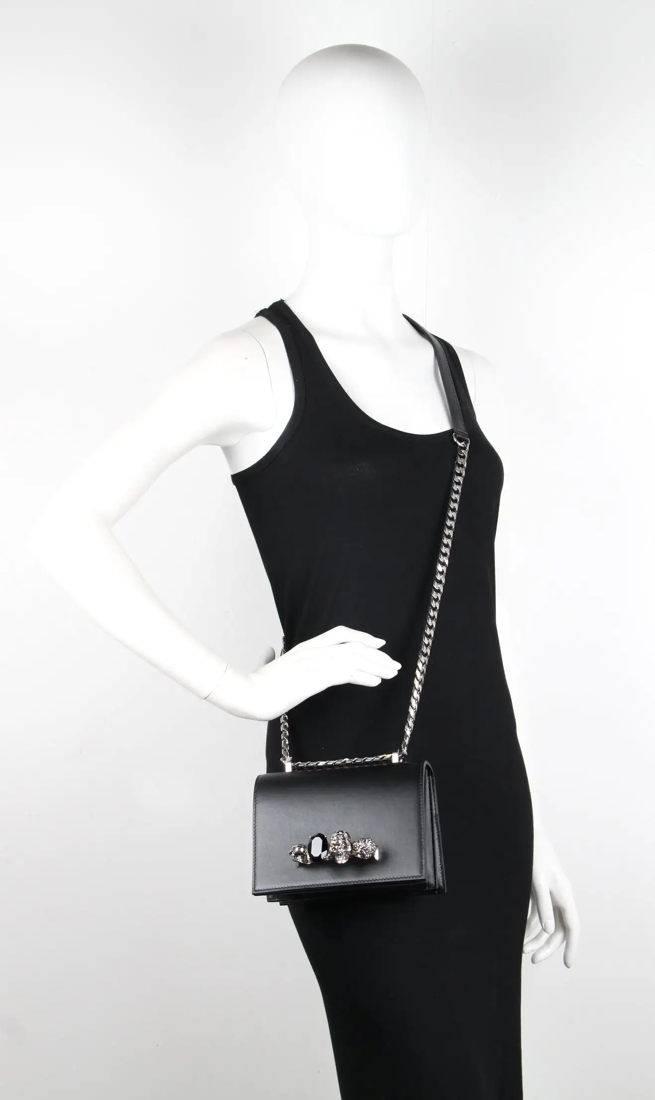 Jewelled Knuckle Satchel Small Smooth, Black/Silver