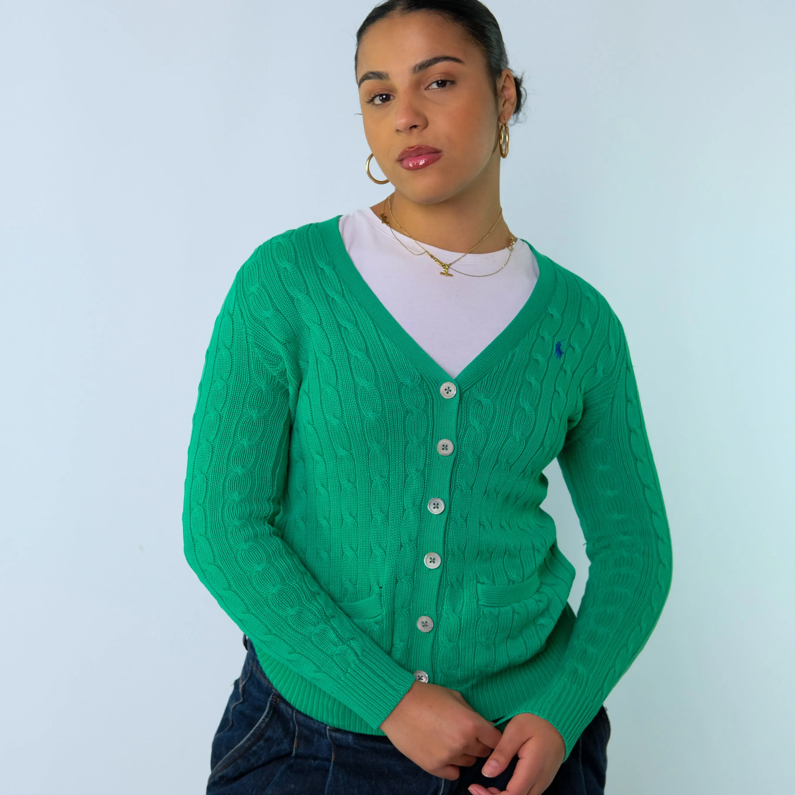 Light Green y2ks Polo Ralph Lauren button up cardigan Knit Sweatshirt (XS)