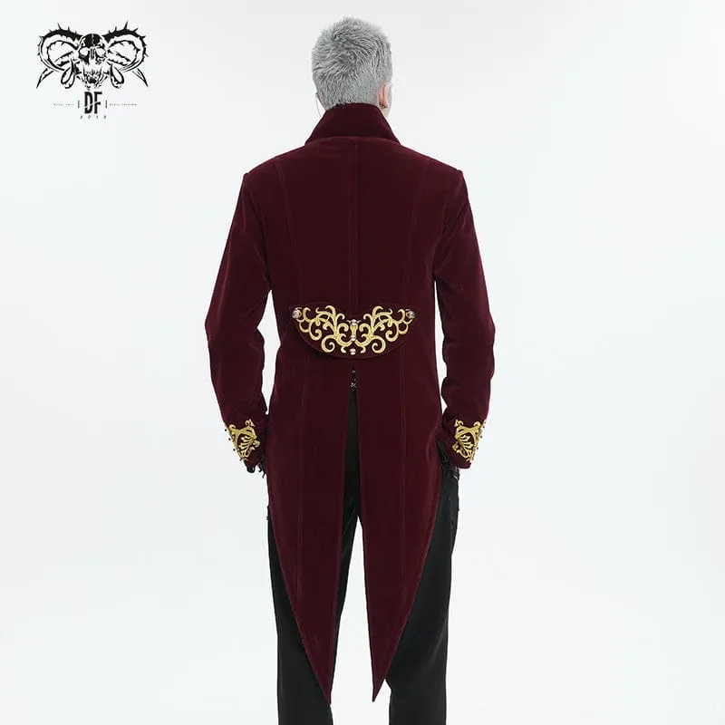 Men's Gothic Totem Embroidered Swallow-tailed Coat Red