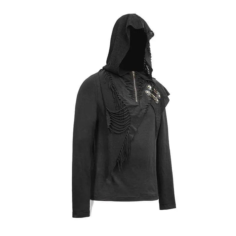 Men's Grunge Punk Long Sleeved Cutout Tassel Hoodies