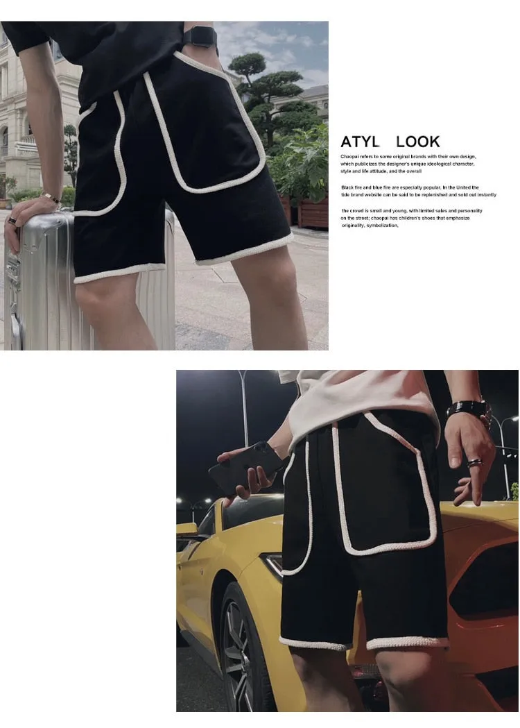 Men's Summer Black Big Pocket Straight Elastic Waist Casual Shorts