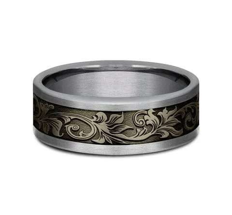 Men's Wedding Band, Grey Tantalum and Bronze Vintage Script Pattern