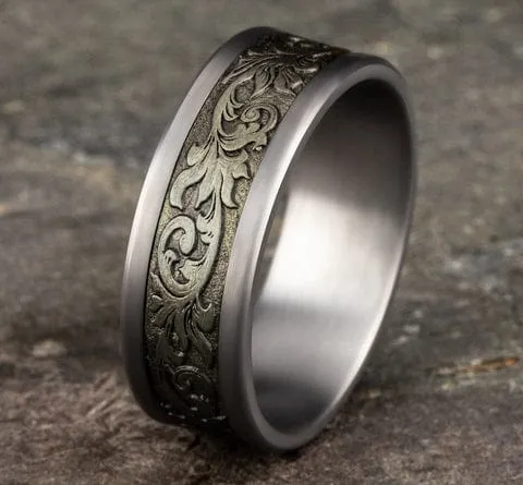 Men's Wedding Band, Grey Tantalum and Bronze Vintage Script Pattern