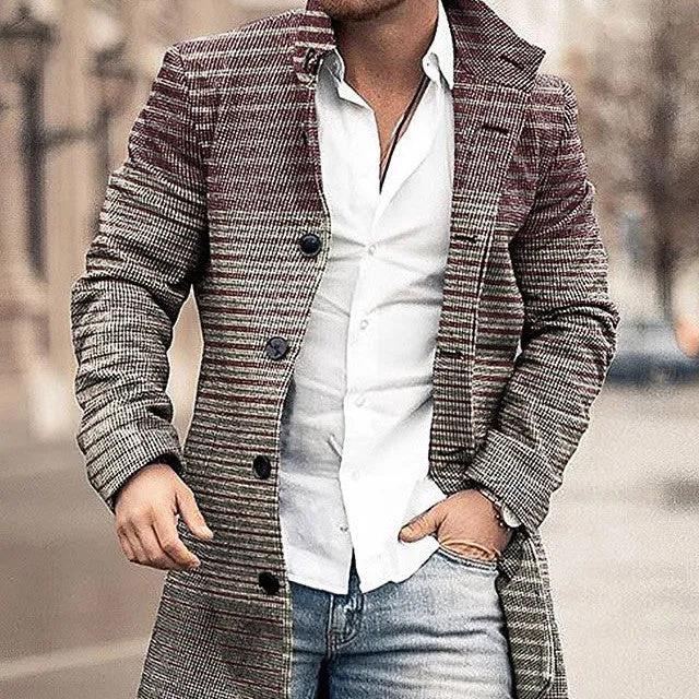 New Men's Woolen Stand Collar Medium Long Pocket Casual Coat