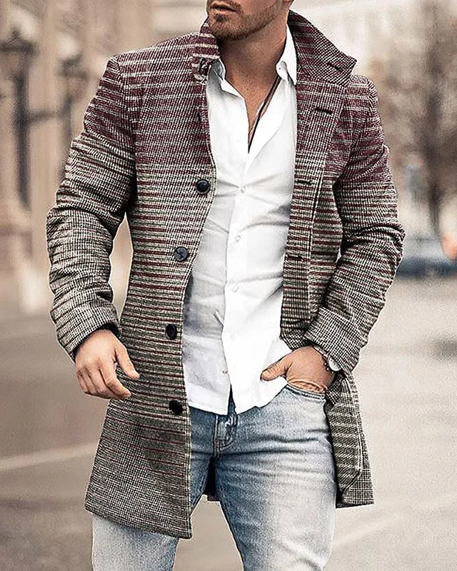 New Men's Woolen Stand Collar Medium Long Pocket Casual Coat