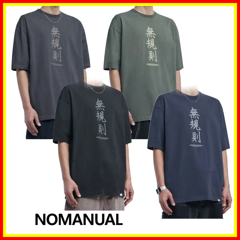 NOMANUAL  |Street Style U-Neck Plain Cotton Short Sleeves Logo T-Shirts