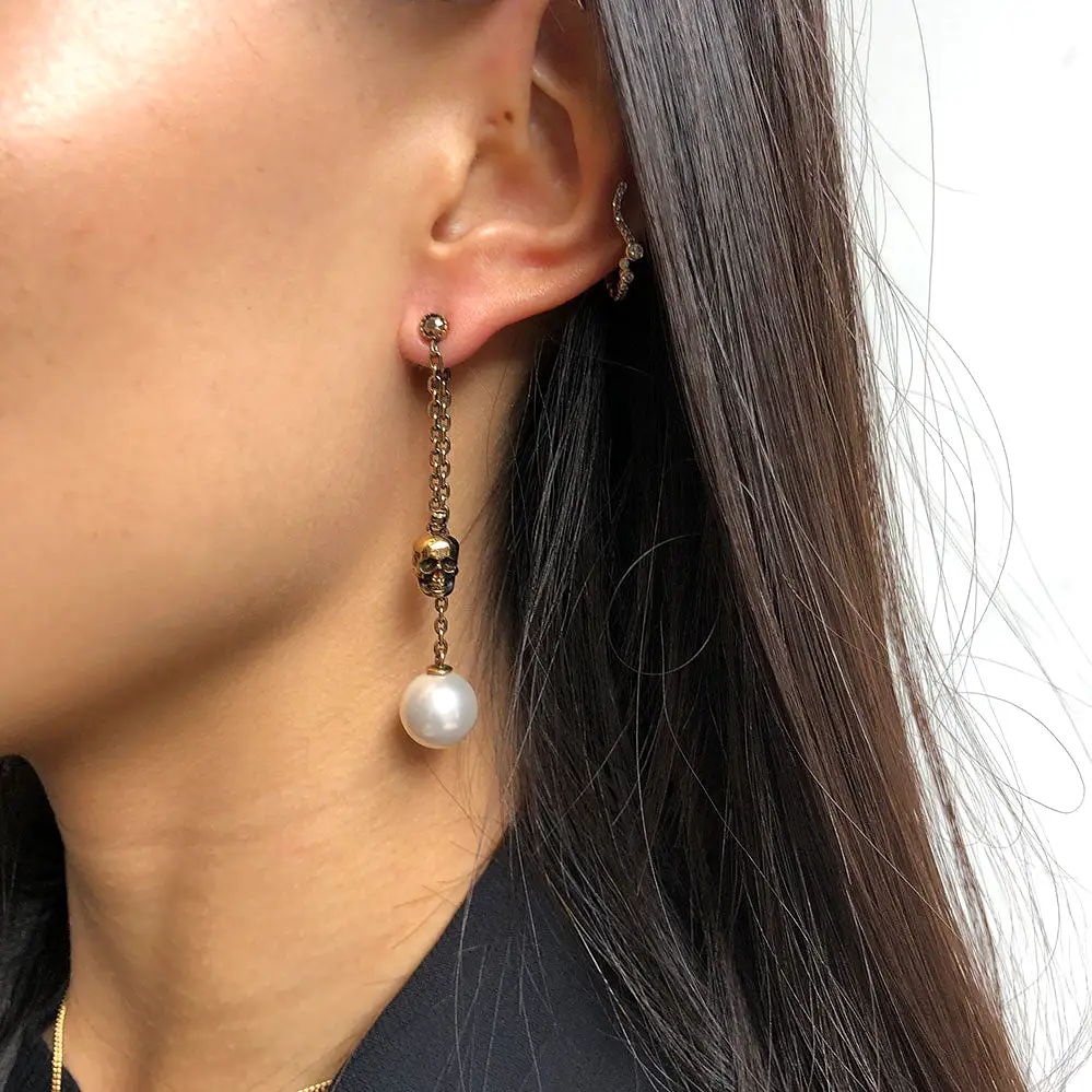 Pearl and Skull Earrings, Gold