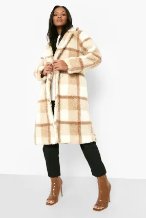 Petite Teddy Fur Check Maxi Coat