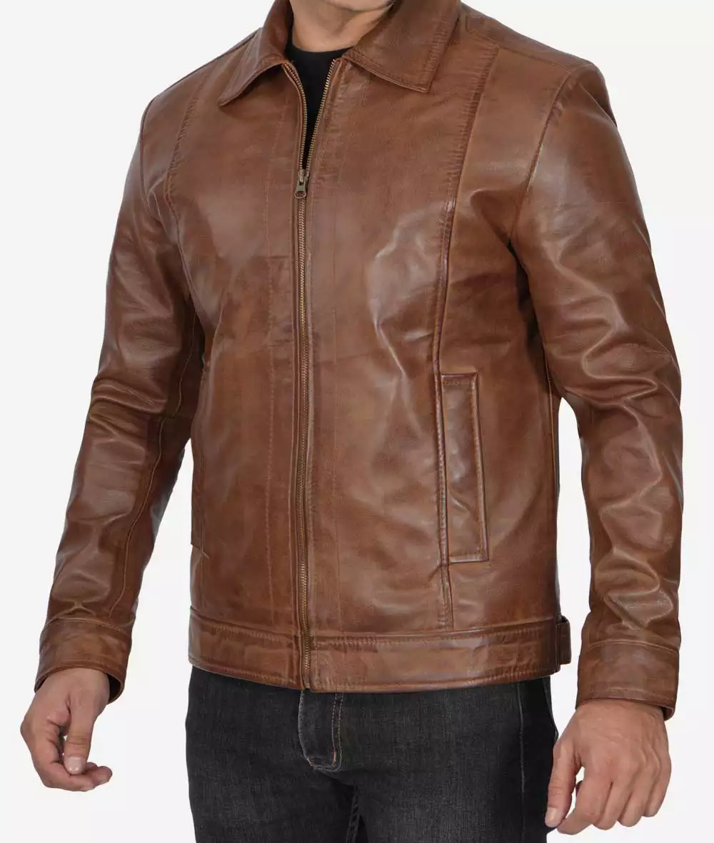 Reeves Mens Shirt Collar Chocolate Brown Leather Jacket