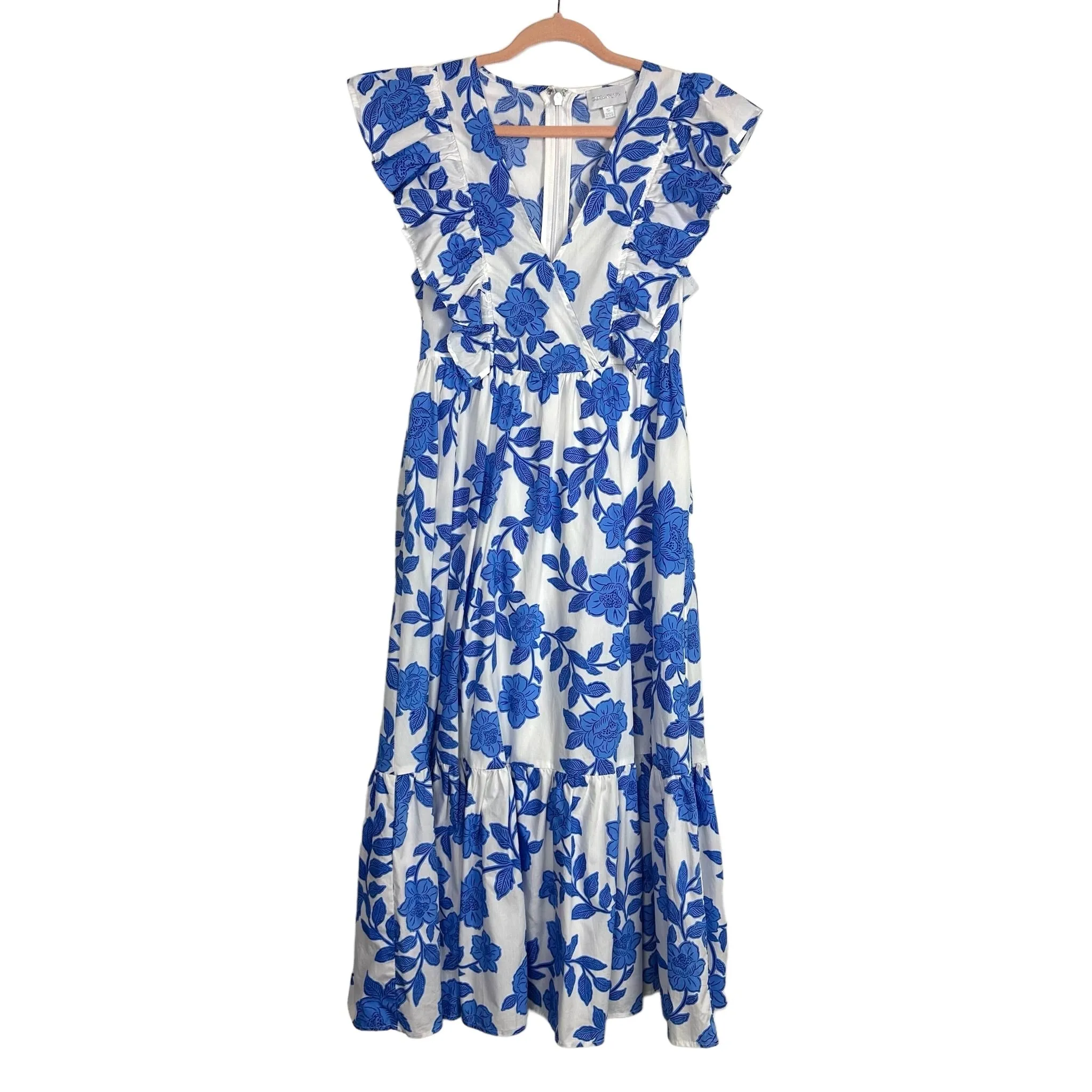 Sugarlips Blue and White Floral Front Snap Surplice Dress- Size M