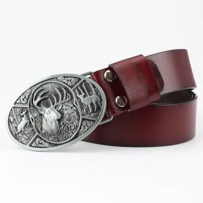 Unisex Fashion Genuine Leather Animal Deer Pattern Elk Buckle Jeans Belt