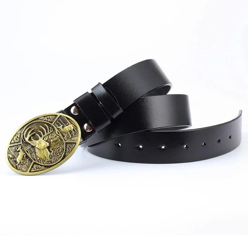 Unisex Fashion Genuine Leather Animal Deer Pattern Elk Buckle Jeans Belt