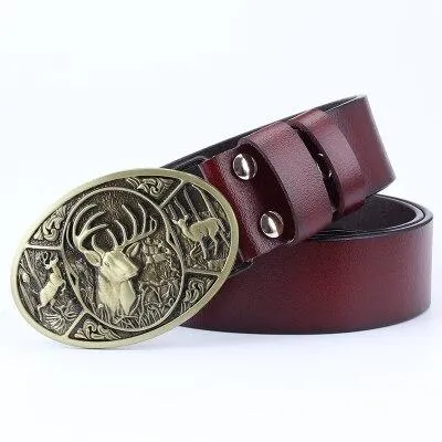 Unisex Fashion Genuine Leather Animal Deer Pattern Elk Buckle Jeans Belt