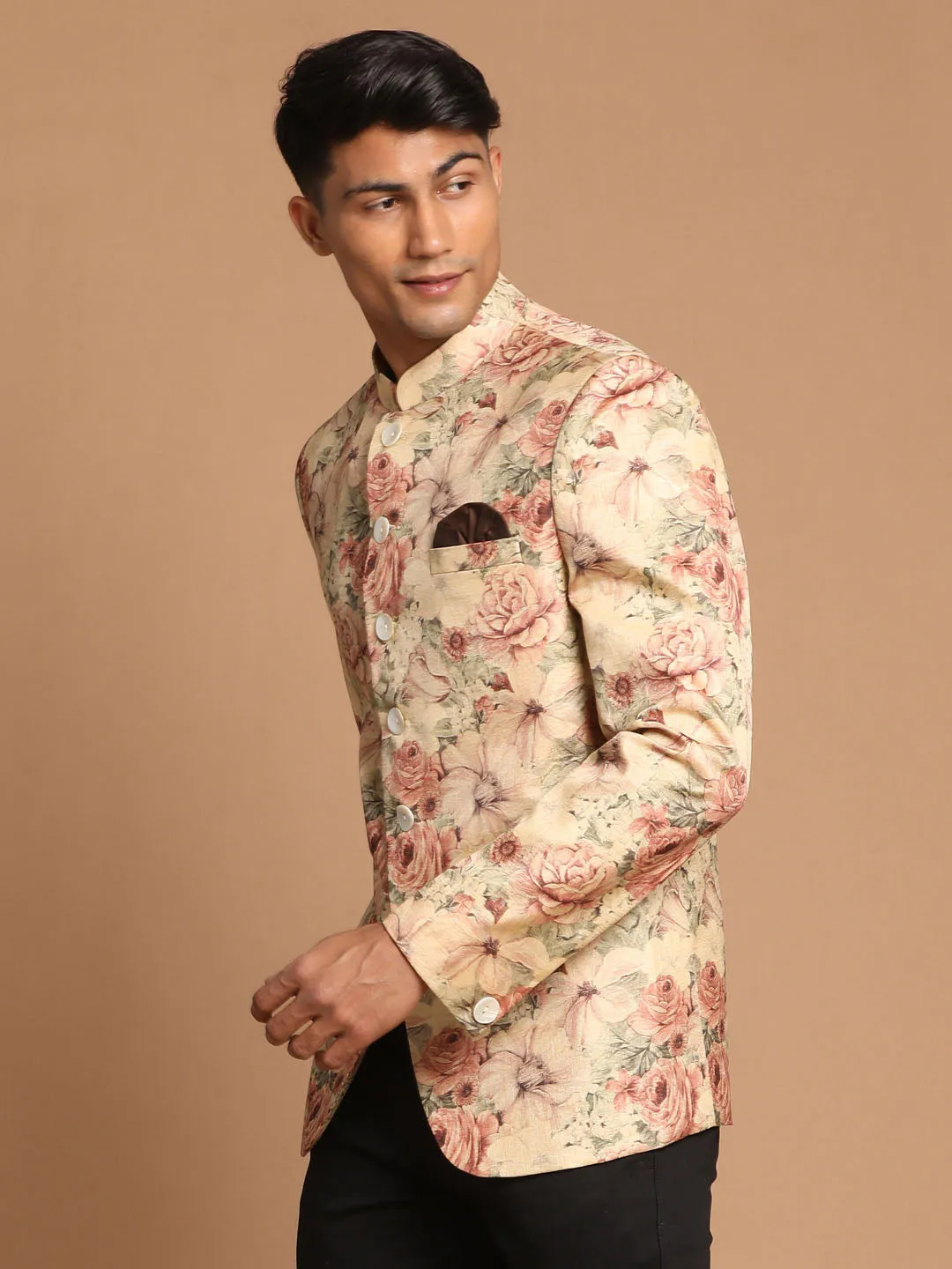 VASTRAMAY Beige Floral Print Baap Beta Jodhpuri Set