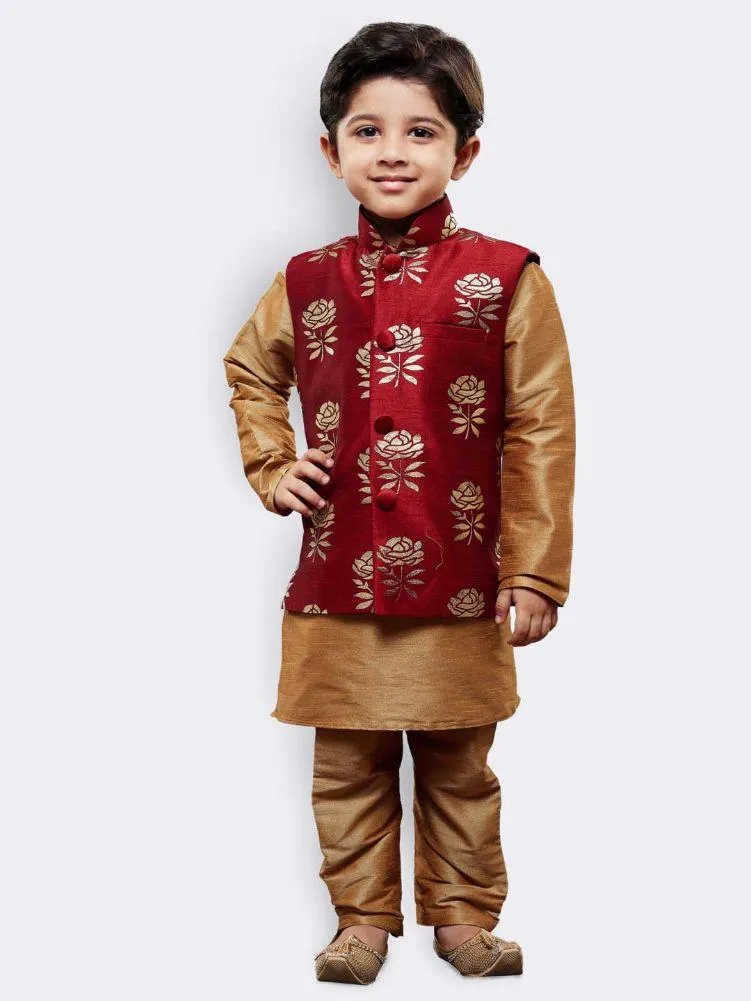 VASTRAMAY Boys' Gold Silk Cotton Blend Kurta, Waistcoat and Pyjama Set