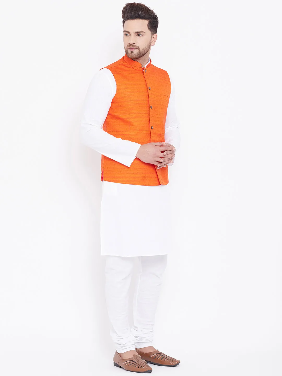 Vastramay Men's Orange And White Cotton Blend Jacket, Kurta and Pyjama Set