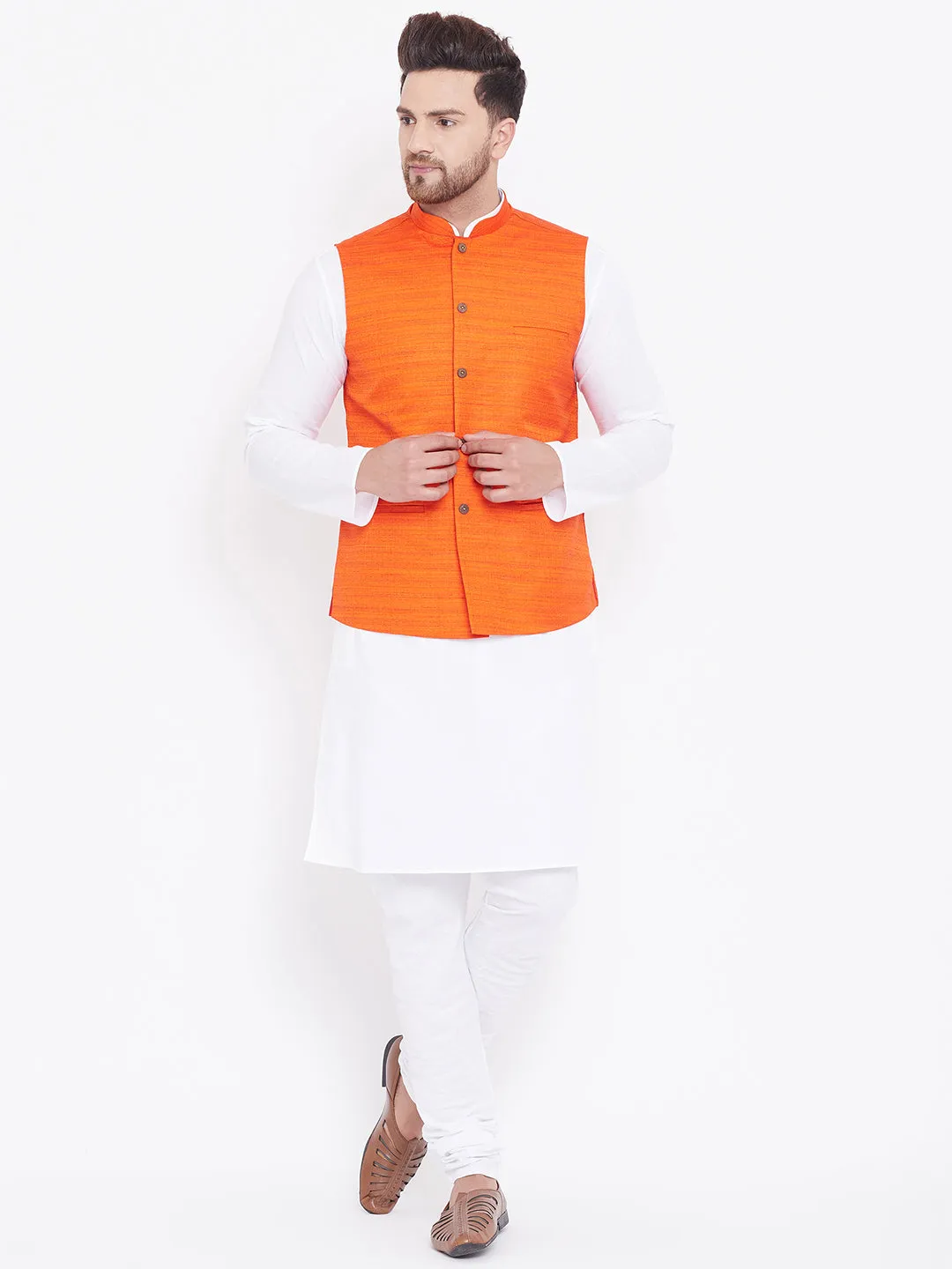 Vastramay Men's Orange And White Cotton Blend Jacket, Kurta and Pyjama Set