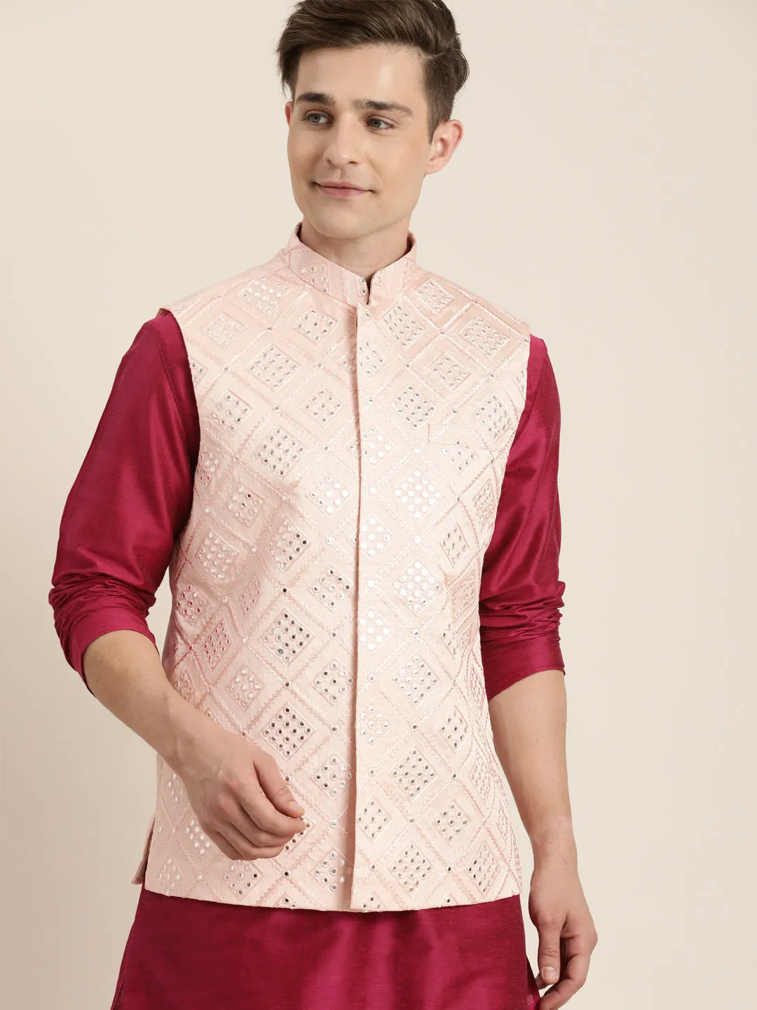 Vastramay Men's Pink Ethnic Jacket