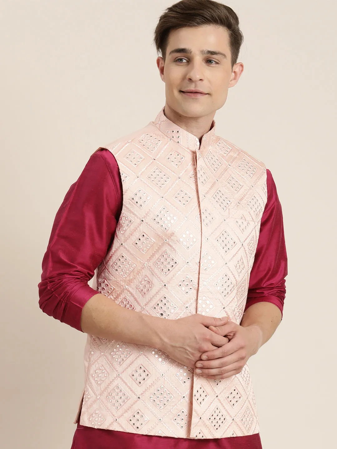 Vastramay Men's Pink Ethnic Jacket