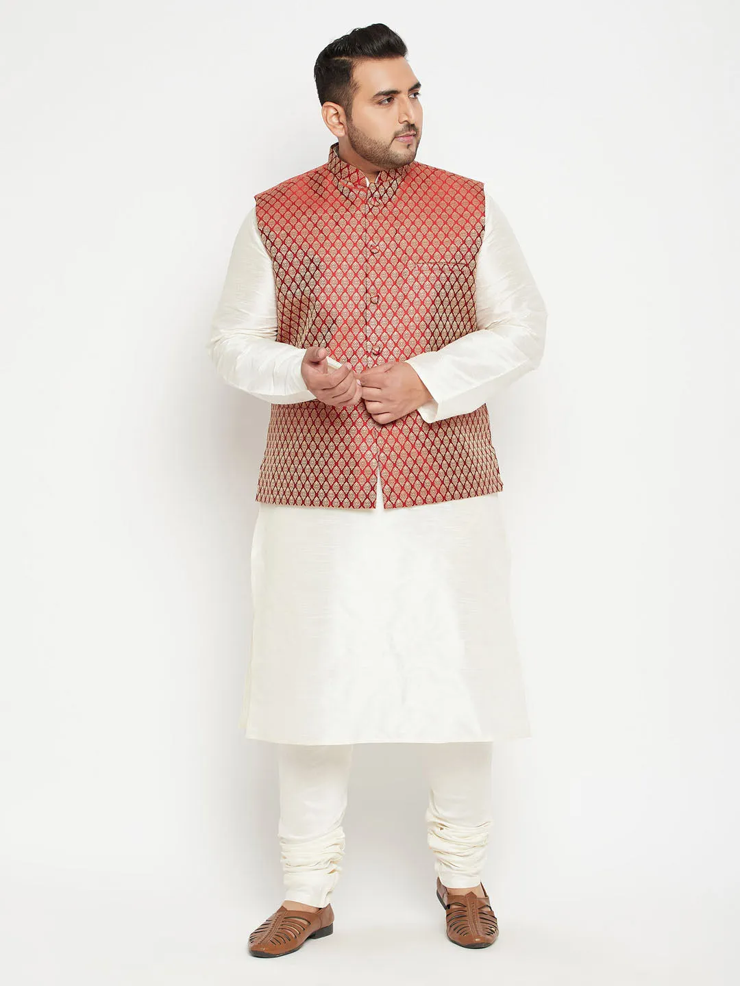 VASTRAMAY Men's Plus Size Cream and Maroon Silk Blend Jacket Kurta Pyjama Set