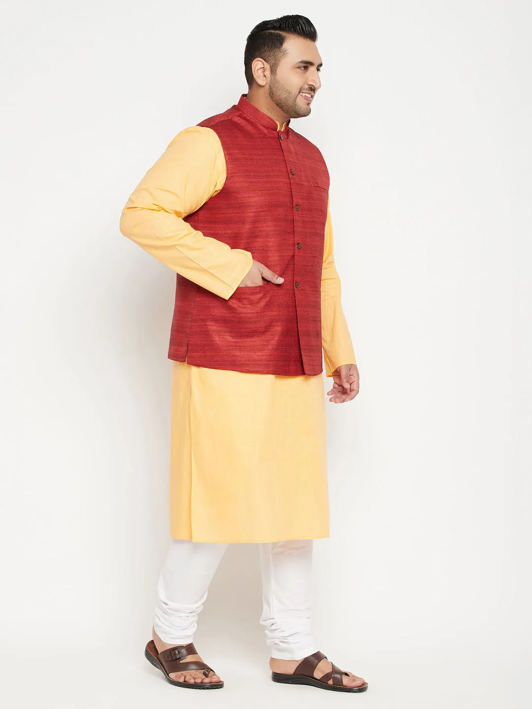 VASTRAMAY Men's Plus Size Fawn and Maroon Cotton Blend Jacket Kurta Pyjama Set