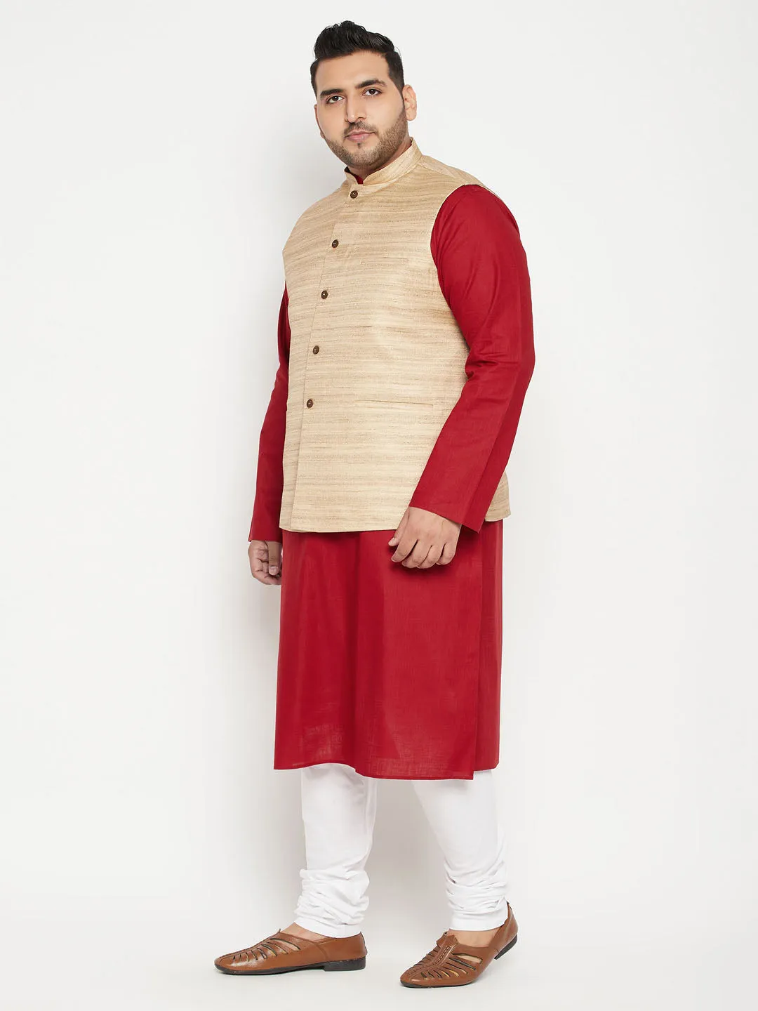 VASTRAMAY Men's Plus Size Maroon and Beige Cotton Blend Jacket Kurta Pyjama Set