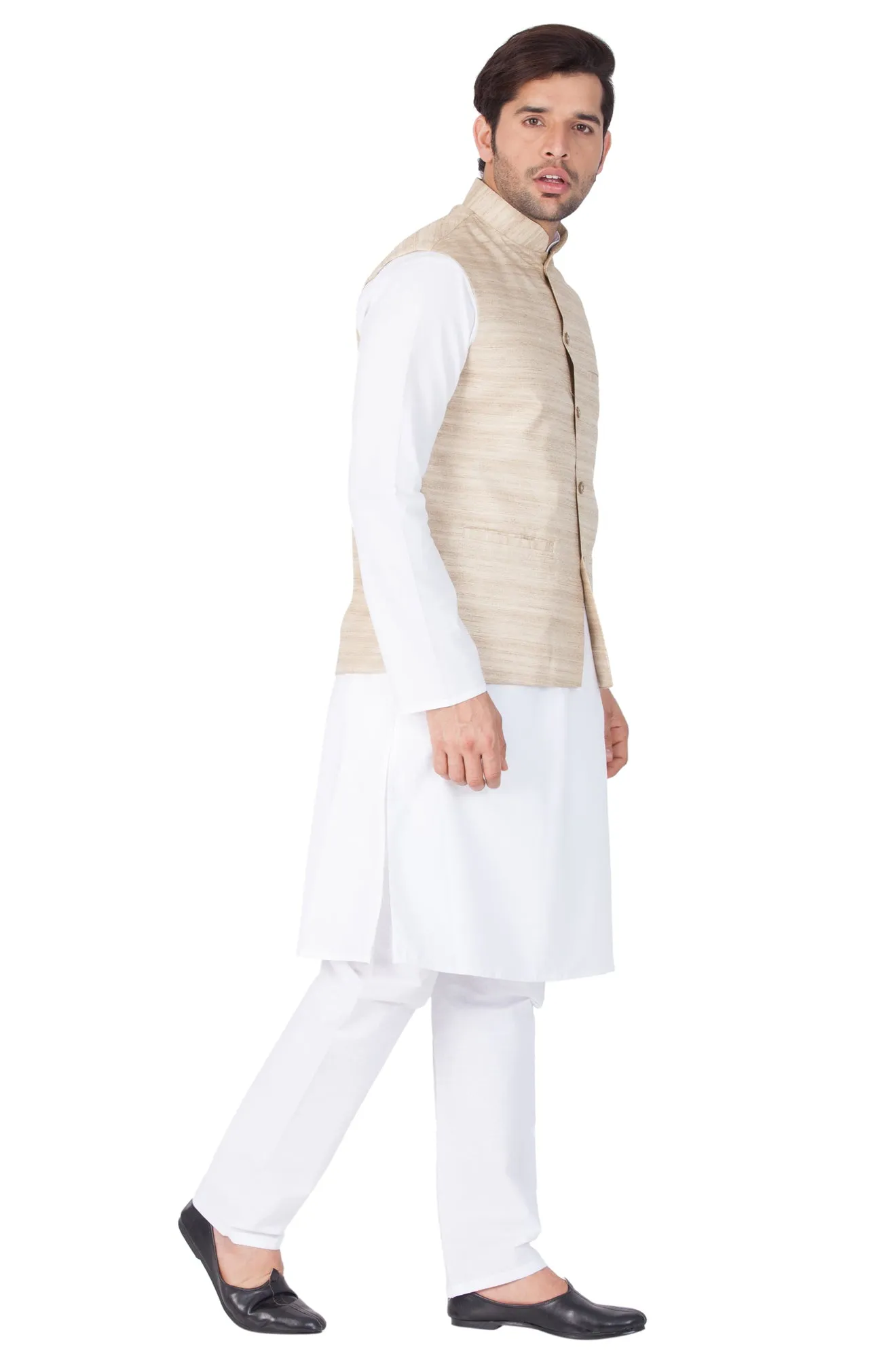 VASTRAMAY Men's White Cotton Blend Kurta, Ethnic Jacket and Pyjama Set