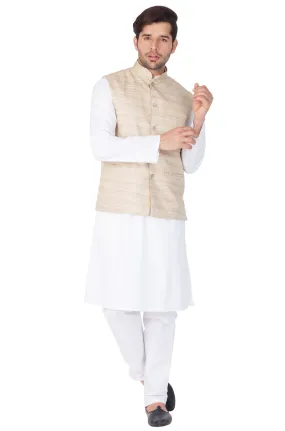 VASTRAMAY Men's White Cotton Blend Kurta, Ethnic Jacket and Pyjama Set